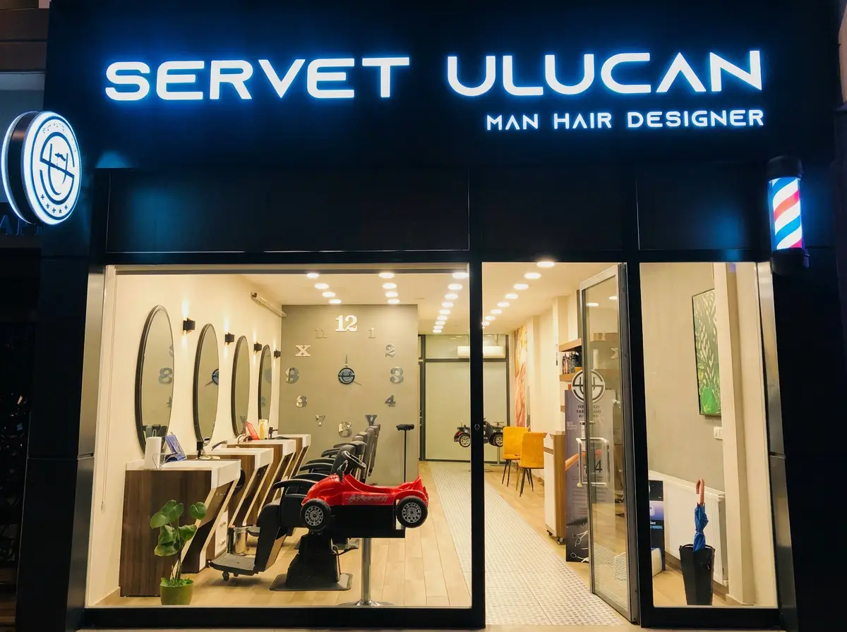 Servet Ulucan Erkek Kuaförü — Balçova, İzmir gece cephe